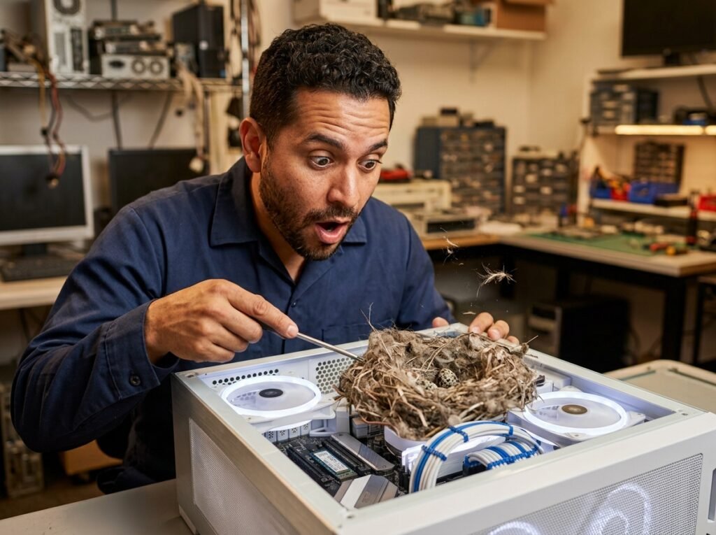 Técnico abriendo una PC donde aparece un nido de palomas